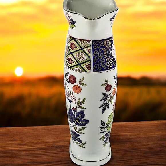 Colorful Japanese Imari Pitcher Multicolor Chrysanthemum & Lotus Flower 9 1/2 in - Picture 3 of 14